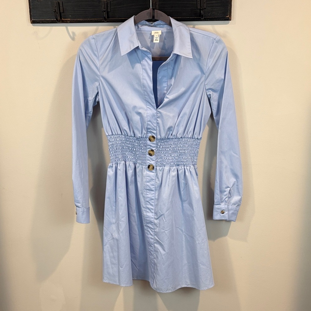 River Island Blue Cotton Blend Long Sleeve Elastic Waist Mini Shirt Dress Size 2 - Picture 2 of 7